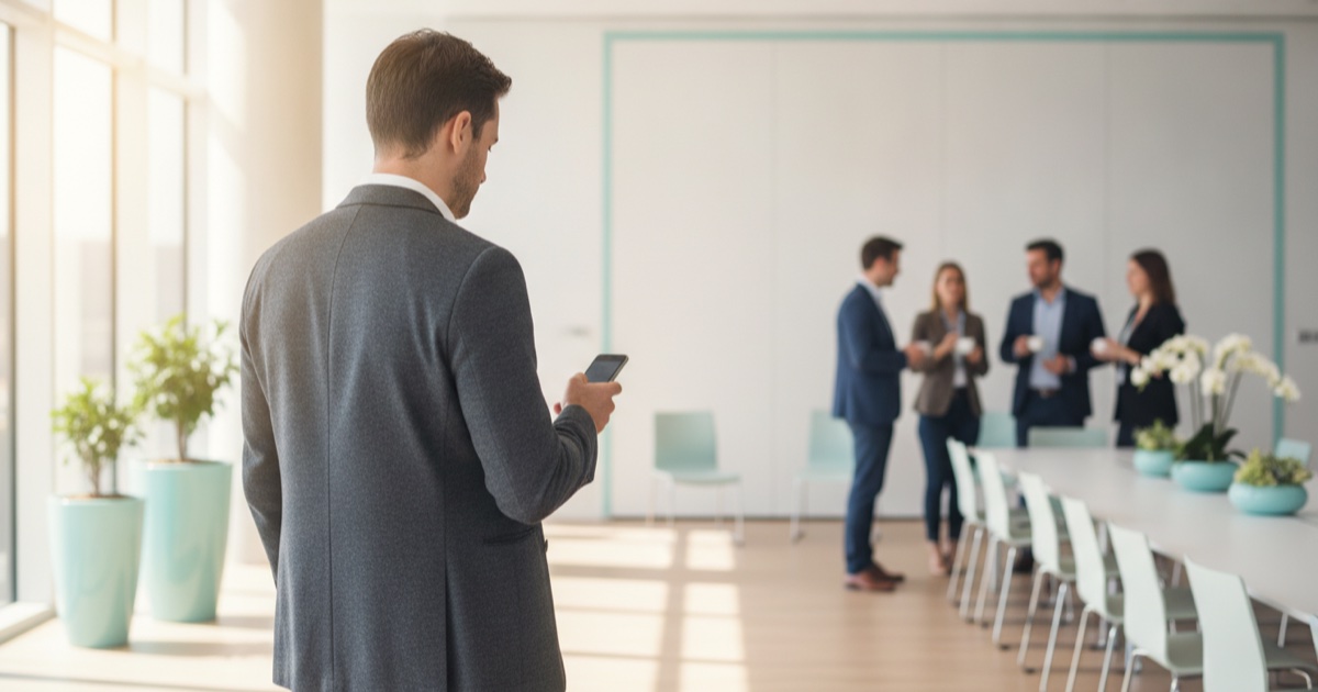 Professionnel consultant son téléphone dans une salle de conférence lumineuse pendant une pause networking